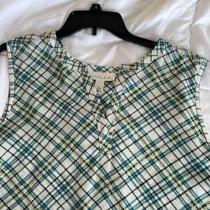 Emaline Sz XL plaid v neck dressy tank. Black. Aqua. Measurements in pics.